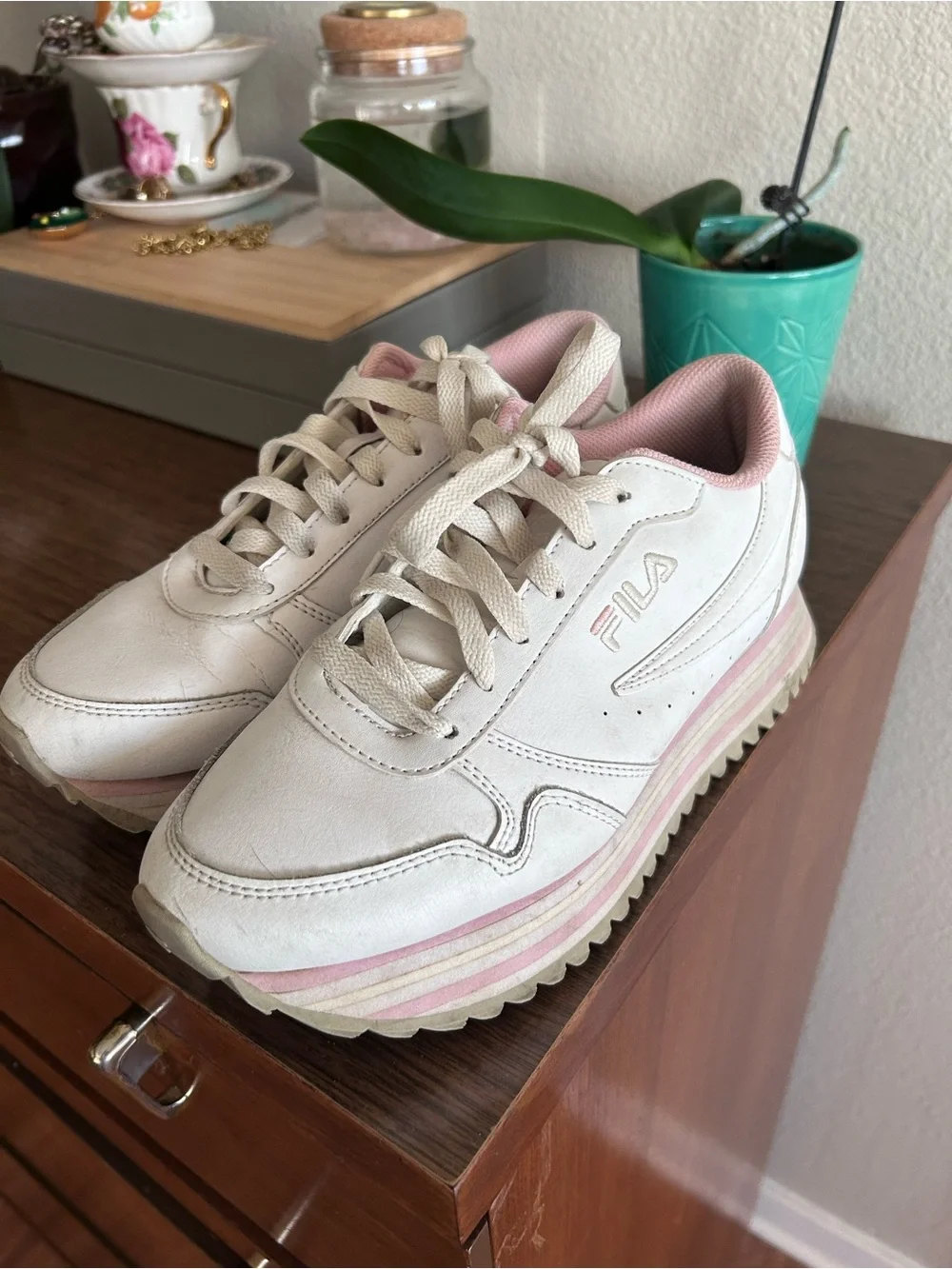 FILA White and Pink Women's Platform Sneakers